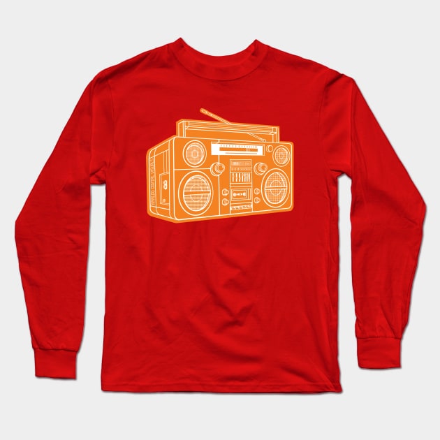 Boombox (White Lines + Princeton Orange Drop Shadow) Analog / Music Long Sleeve T-Shirt by Analog Digital Visuals